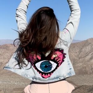 Embroidered Denim Jacket with Eye Design Size 4-6